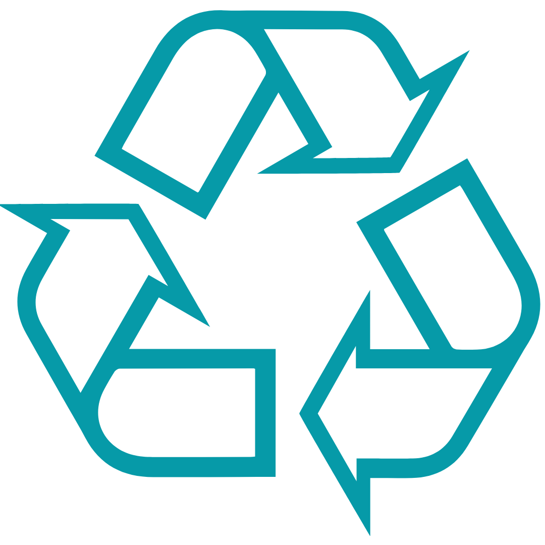 Recycling symbol in teal on a white background