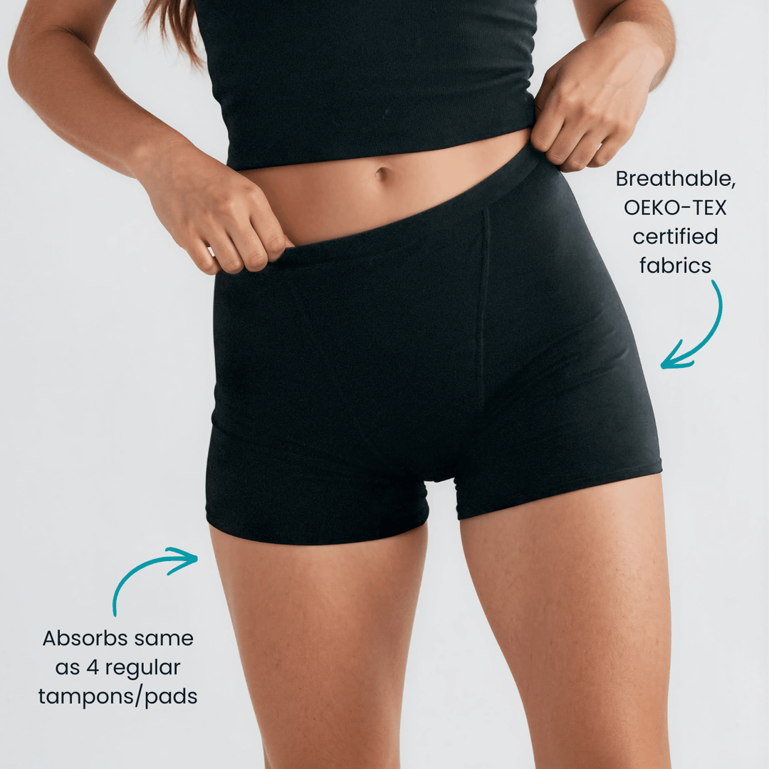 Person wearing black period underwear with text about breathable, OEKO-TEX certified fabrics and absorption capacity.