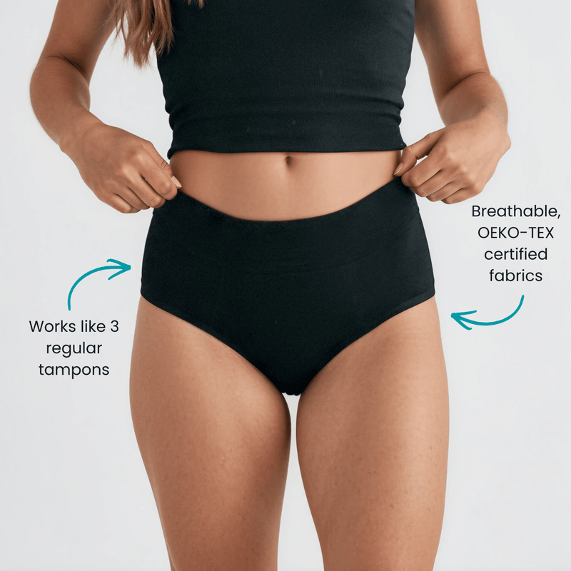 Person wearing black high-waisted underwear with text highlighting features on a light gray background