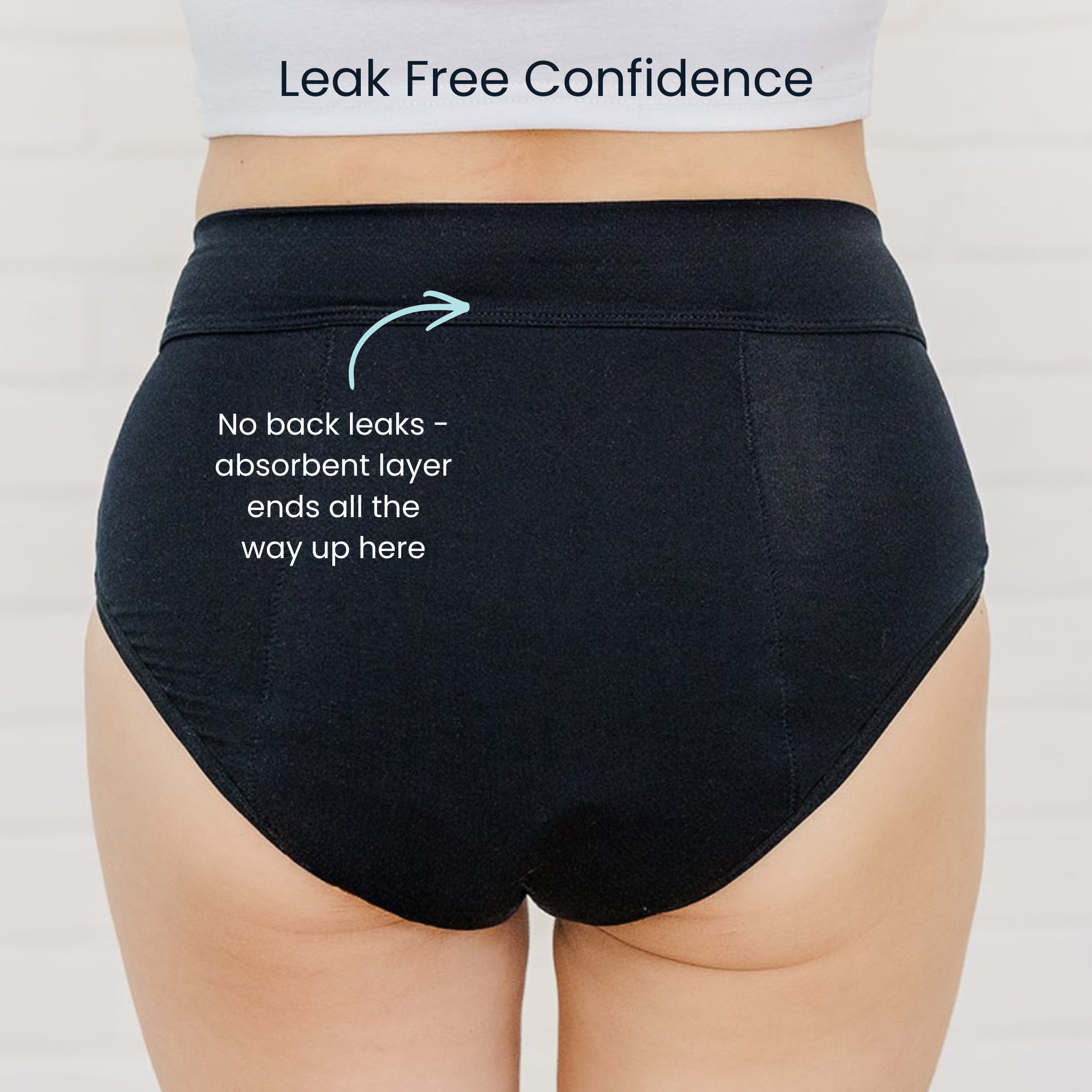 Black women's underwear with text highlighting absorbent layer, on a plain background