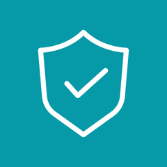 A white outline shield icon containing a check mark, centered on a solid teal background.