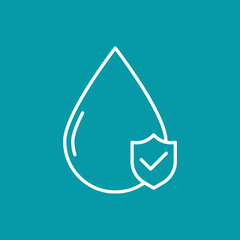 A white line icon of a water droplet with a small shield and checkmark inside, centered on a solid teal background.