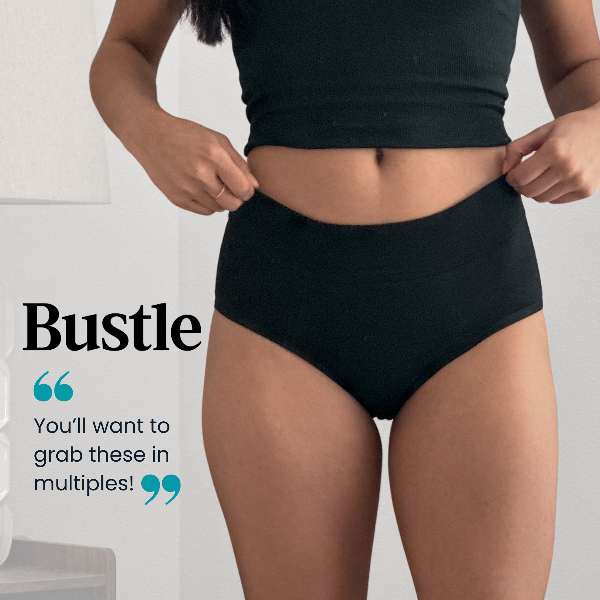 Person wearing black underwear with 'Bustle' branding and text on a white background