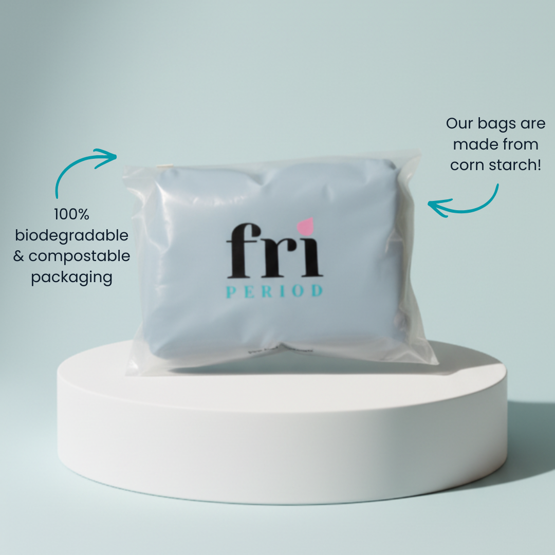 Product packaging for 'fri PERIOD' with biodegradable and compostable text on a light blue background